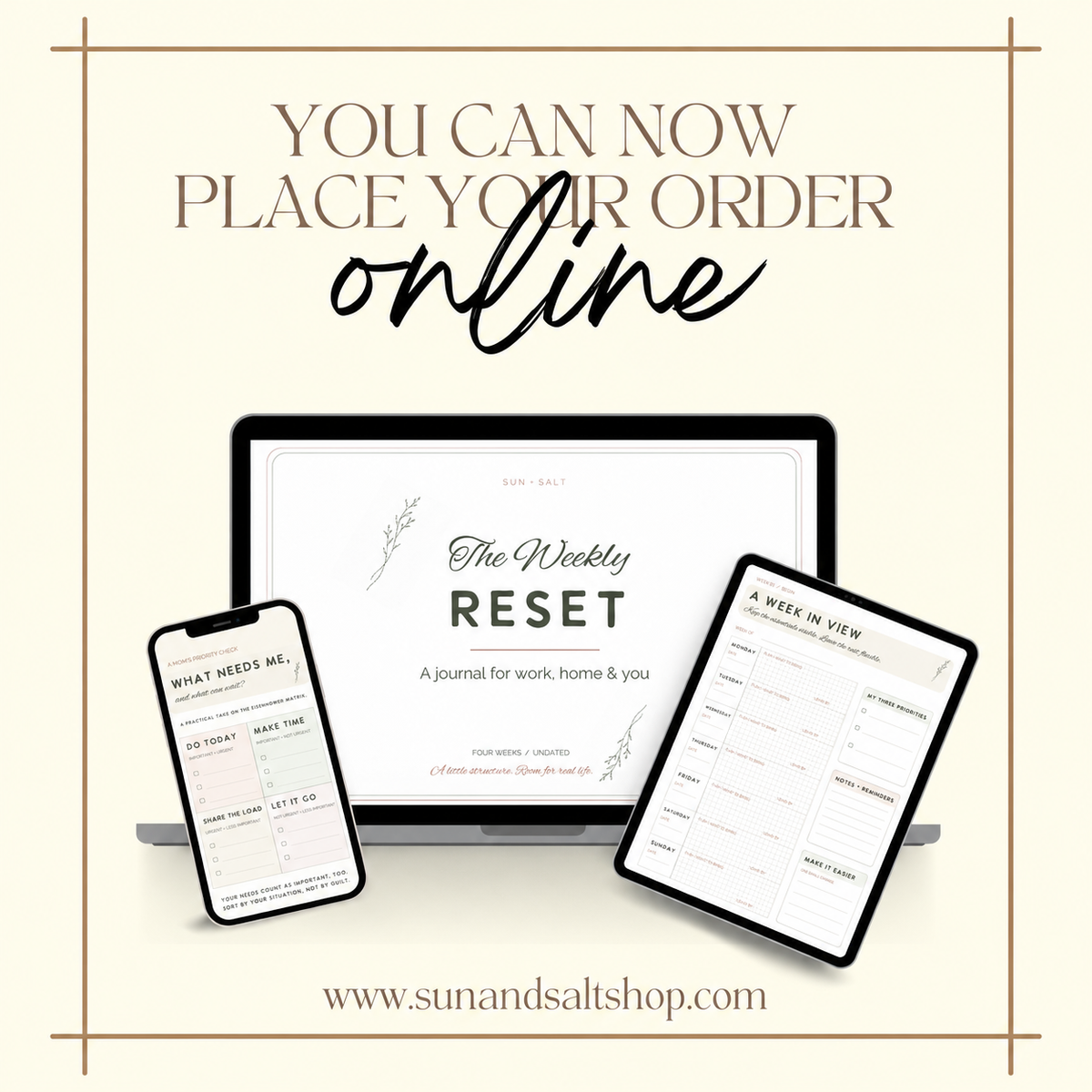 The Weekly Reset printable journal shown on laptop, tablet, and phone