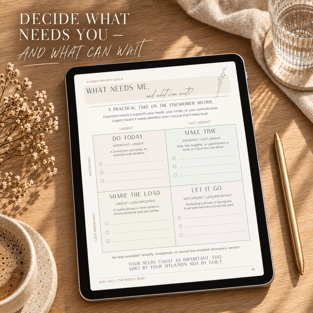 Mom priority quadrant for deciding what needs attention and what can wait
