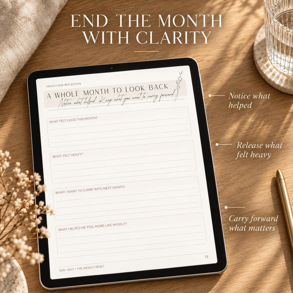 Month-end reflection page for noticing what helped and carrying forward what matters