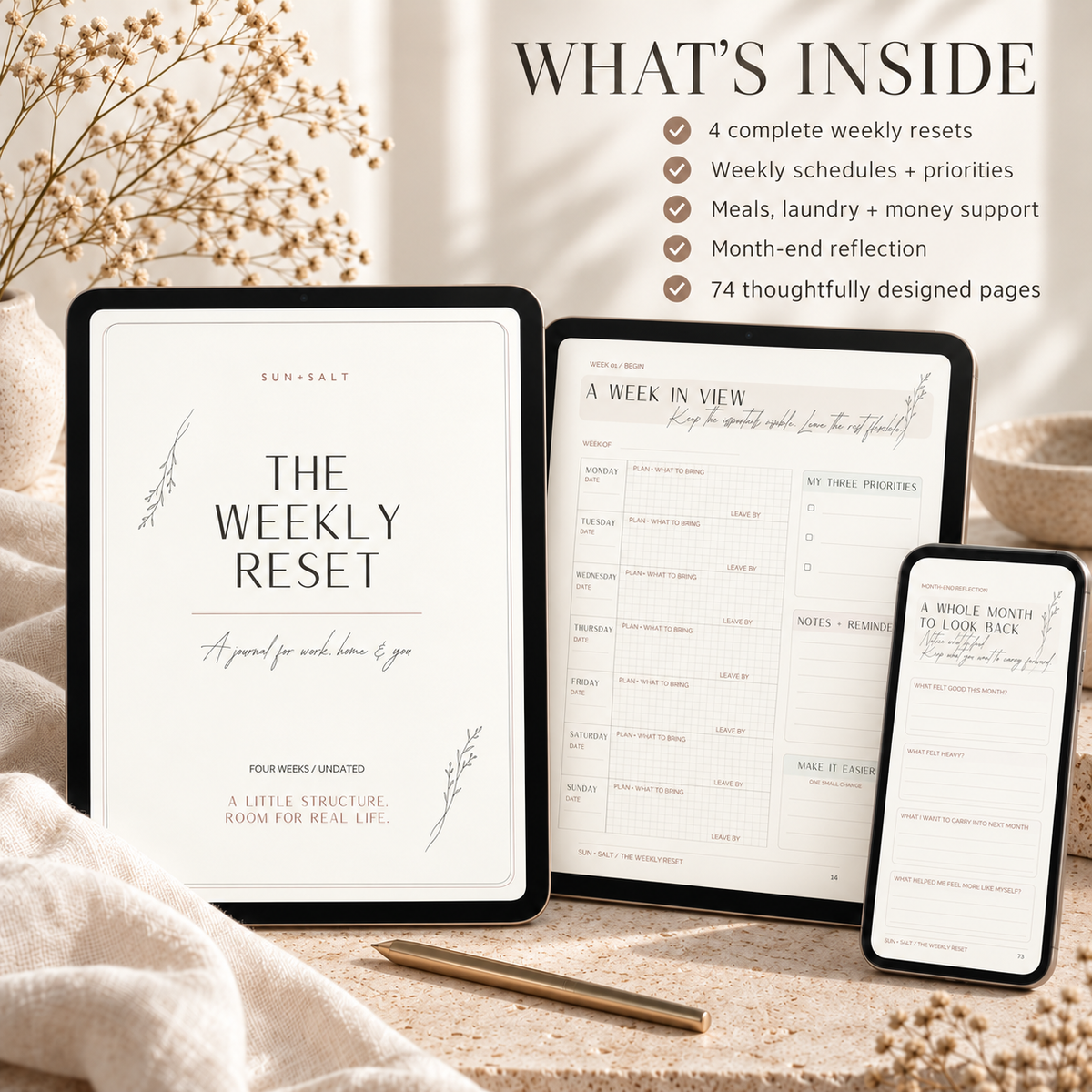 What's inside The Weekly Reset 74-page printable journal